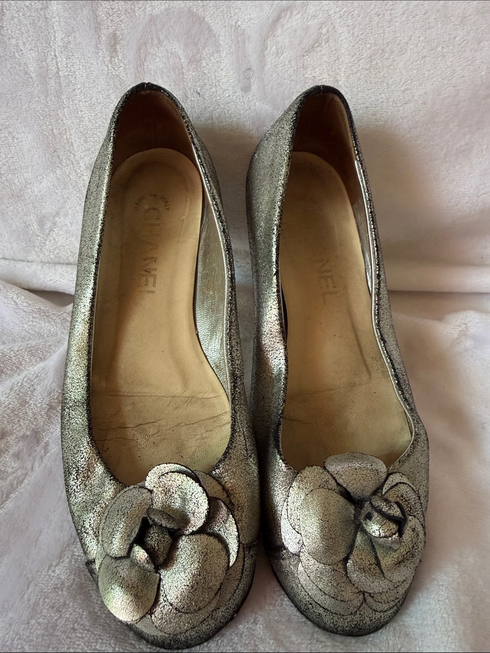 Chanel Metallic Silver Camellia Ballet Flats